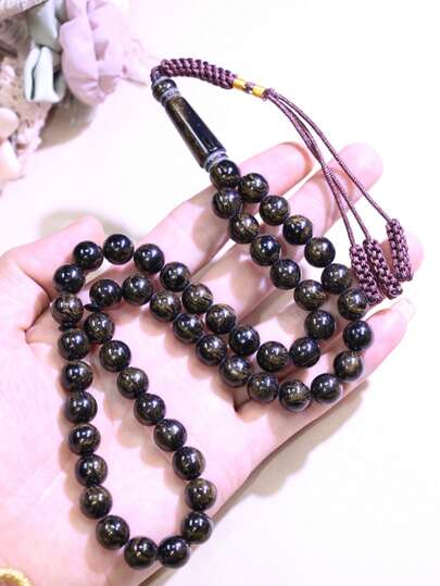 1 pieza 51 cuentas de oración musulmanas de 10 mm, cuentas de rosario de alta calidad hechas a mano con borlas, material de resina, opciones de color negro-marrón o dorado-marrón, adecuado para uso diario, Eid Al-Adha, todos los festivales, parejas, regalos