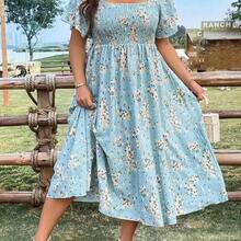 Ceyna Plus Size Women's Shirred Floral Print Dress Maxi Vacation Beach Outfit - Rosa - Ver 5