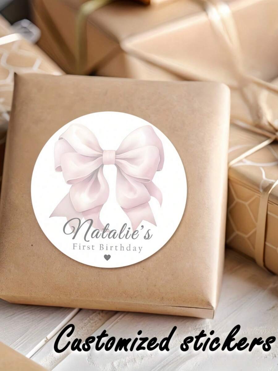 Customizable Round Birthday Stickers, Can Print Personalized Names. Elegant Pink Bow Design, Suitable For Party Decorations, Commemorative Labels, Invitations, Etc. - Multicolor - View 1