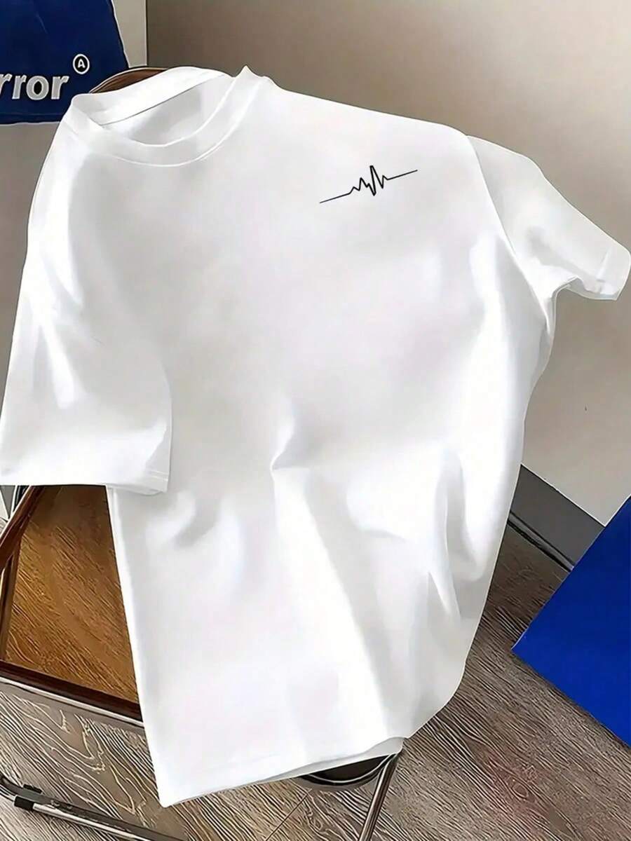 Men's Size T-Shirt, Simple And Elegant, Short Sleeve T-Shirt With ECG Print On The Chest Line, Comfortable Casual Summer T-Shirt - 白色 - 查看 1