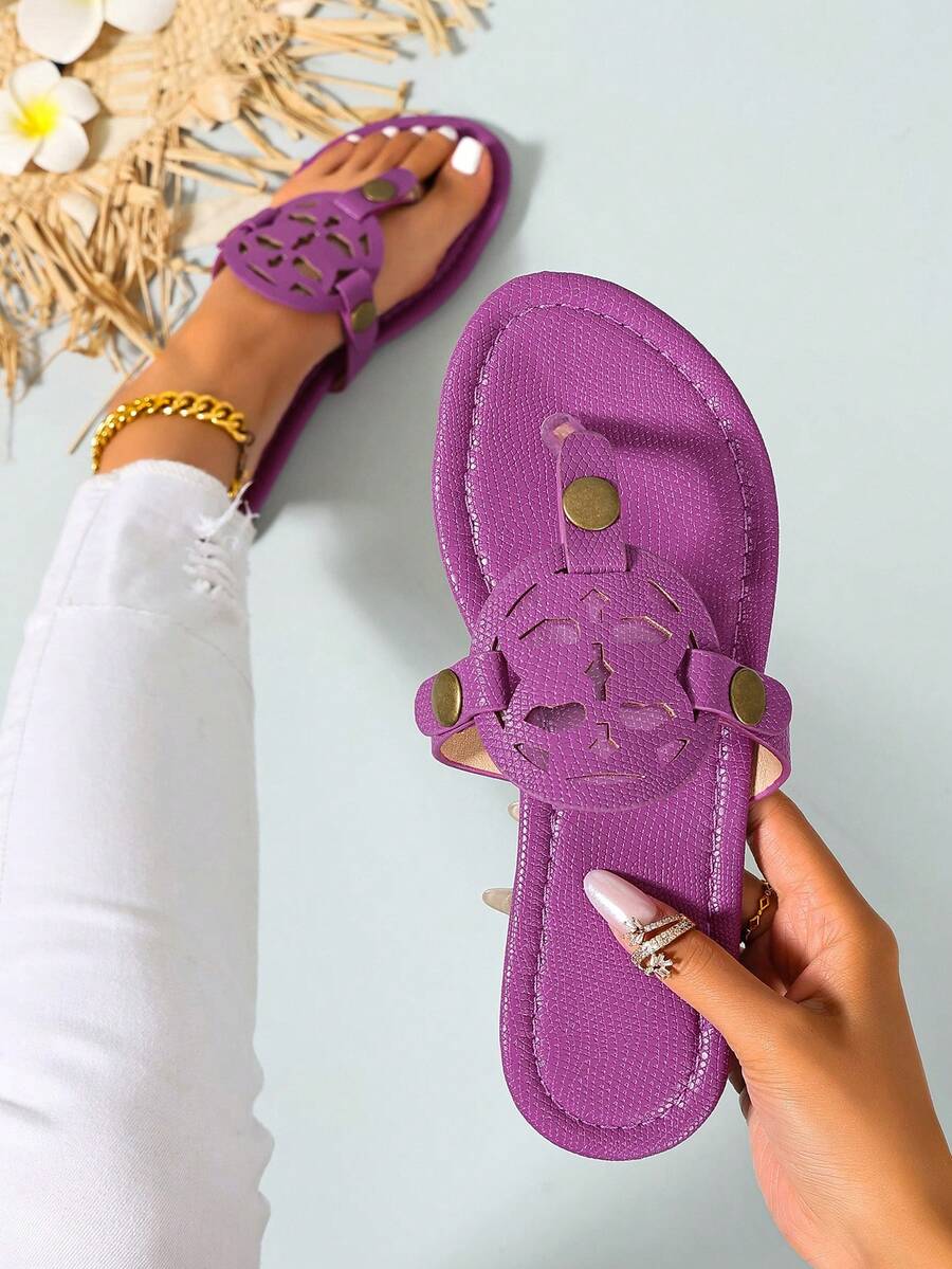 Ximi Ruo Sandalias planas de estilo coreano casual, de punta abierta, sandalias romanas tejidas para mujeres, adecuadas para primavera, verano, playa, vacaciones, combinables con vestidos, color marrón - Morado - Ver 1