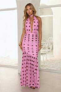 Women's Sexy Polka Dot Halter Long Dress Sleeveless Bodycon Fit And Flare With Ruched Details, Elegant And Stylish For Summer Events - màu nâu - Xem 2