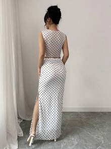 2 piezas Conjunto de top corto sin mangas y falda con estampado de lunares elegante de malla para mujer - Blanco - Ver 2