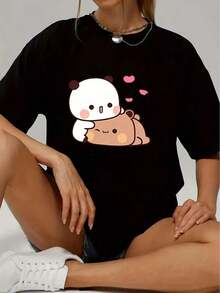 Women's Short Sleeve T-Shirt With Raccoon And Bear Print - Soft And Casual, Short Sleeve And Round Neck, With Heart Eye Design, Ideal For Spring, Summer And Autumn, With Comfortable Lettering And Appliqué Details For Themed Events, Easy Care Animal Print Top, 100% Cotton. - 黑色 - 查看 7