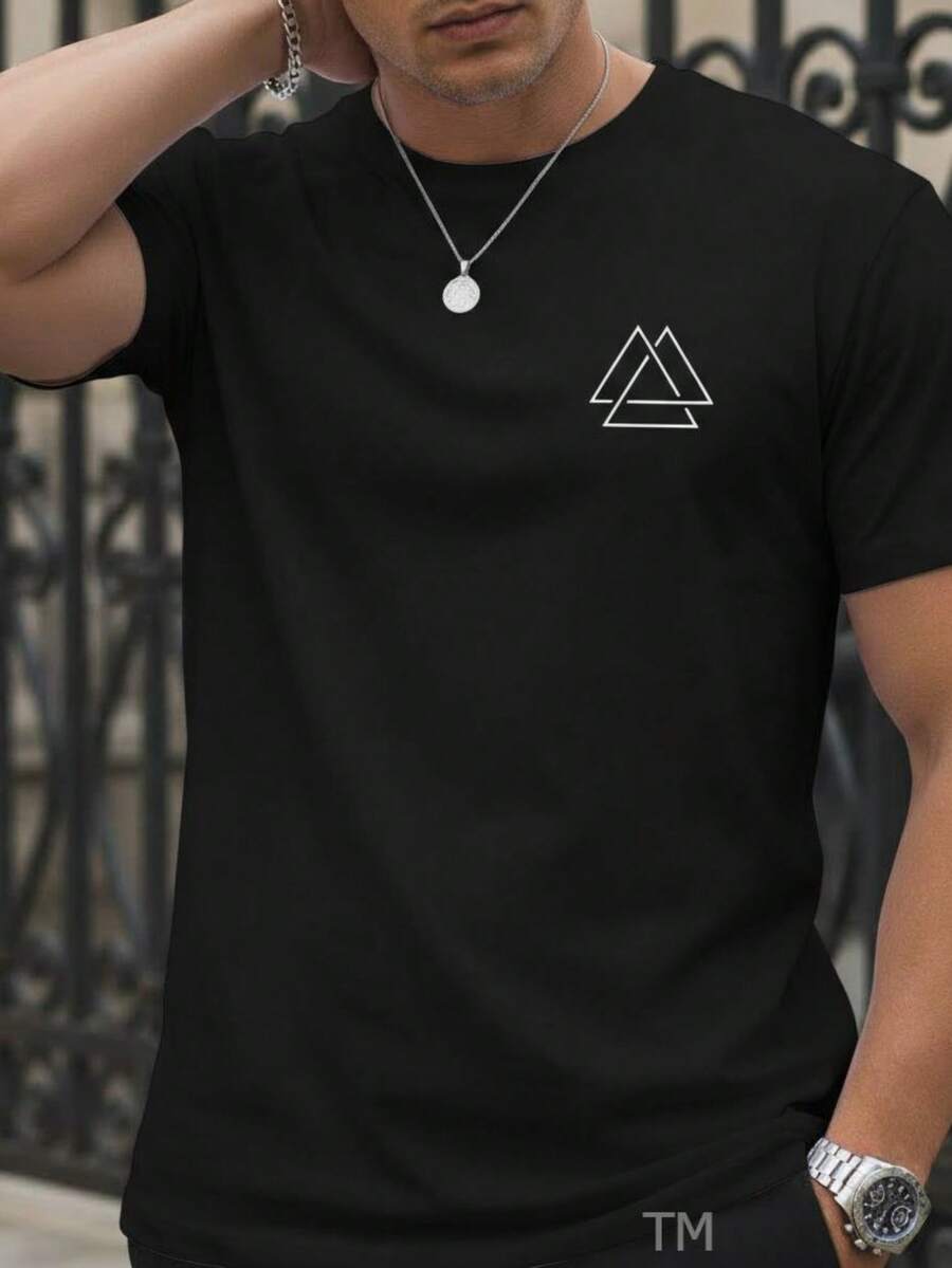 Stylish Basic Short-Sleeve Men's T-Shirt With Triangle Street Print, Breathable Fabric - 黑色 - 查看 1