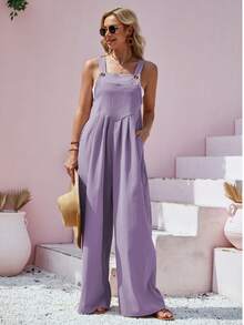 Women's Casual Solid Color Button Strap Wide Leg Jumpsuit, Spring/Summer - Purple - View 7