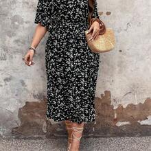 Plus Size Women Floral Print Round Neck Dress, Women Summer Outfit - Negro - Ver 6