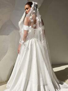 Elegant Lace Applique Bridal Veil, White Mesh Veil With Floral Lace Trim, Versatile Wedding Veil - 彩色 - 查看 3