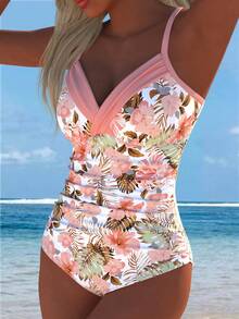 Traje de baño de una pieza con tirantes de espagueti y estampado floral para mujer de talla grande, traje de baño sexy con mayor cobertura en la Bottom, nuevo estilo de playa para vacaciones de verano - Multicolor - Ver 3