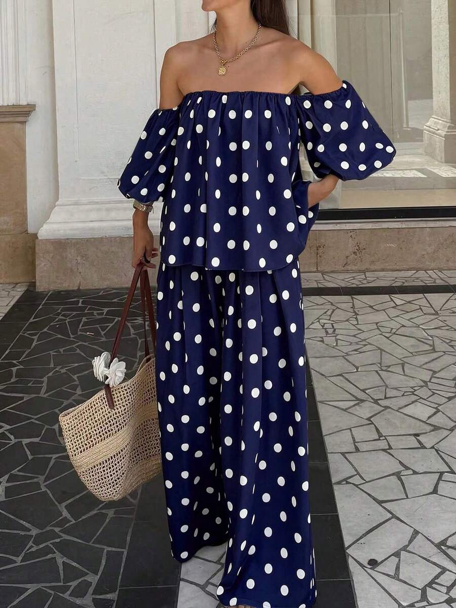 Look Polly 女士夏季弹力单肩设计上衣搭配口袋设计长裤，波点面料性感休闲宽松两件套，适合约会、度假、海滩、旅行、郊游、生日等各种场合，优雅时尚。 - 藏蓝色 - 查看 1