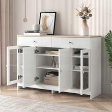 Sideboard With White Wood Grain, Four Doors, Two Drawers, One Door With Glass. Living Room, Dining Room. Wood Color And White. - 白色 - 查看 1