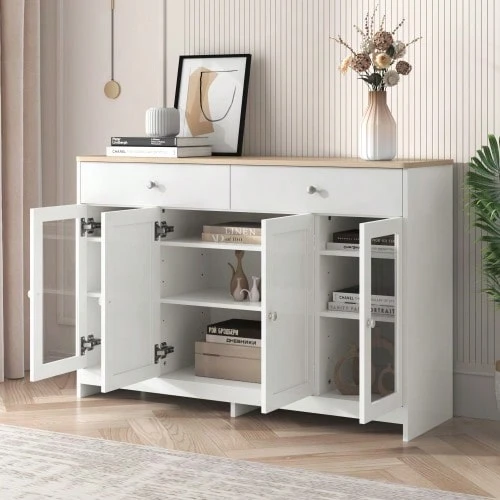 Sideboard With White Wood Grain, Four Doors, Two Drawers, One Door With Glass. Living Room, Dining Room. Wood Color And White. - 白色 - 查看 1