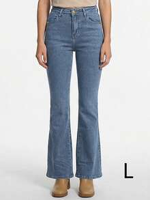 Pantalones vaqueros acampanados para mujer, de gran elasticidad, elegantes y sencillos, vaqueros clásicos de talle alto en color liso, suaves y cómodos, adecuados para todas las estaciones. - Azul - Ver 12