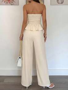 2pcs Set: Tie-Waist Ruffle Trim Top + Wide Leg Pants, Elegant Office Wear, Casual Commute, Vintage Style, Sophisticated Social Influencer Look Summer - Apricot - View 2