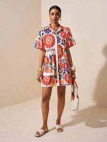 Vestido corto estilo camisa para mujer, color amarillo pastel sólido, cuello de camisa, mangas cortas abullonadas y falda con volante asimétrico, diseño fresco y holgado, ideal para primavera-verano, vacaciones, playa, festivales, viajes y todo tipo de ocasiones - Multicolor 2 - Ver 6