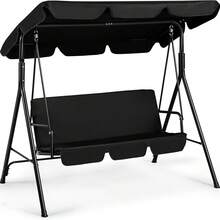 3-Seat Patio Swing Chair, Outdoor Canopy Porch With Adjustable Canopy & Removable Cushion, Hanging Glider Lounge Chair For Patio, Garden, Yard, Porch - Black - A - 查看 2