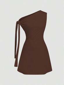 Vestido corto ajustado asimétrico para mujer, color café sólido, diseño de hombro al aire con lazo decorativo y falda acampanada, tejido elástico y corte favorecedor, estilo elegante y versátil, ideal para verano, citas, fiestas, eventos especiales y uso diario - Naranja - Ver 11