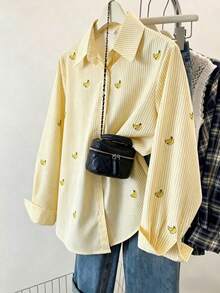 Women's Light Yellow Banana Print Striped Long Sleeve Loose Fashion Holiday Button-Up Shirt, Classic Fit, Suitable For Office And Casual Wear, Spring/Summer - Yellow - View 3