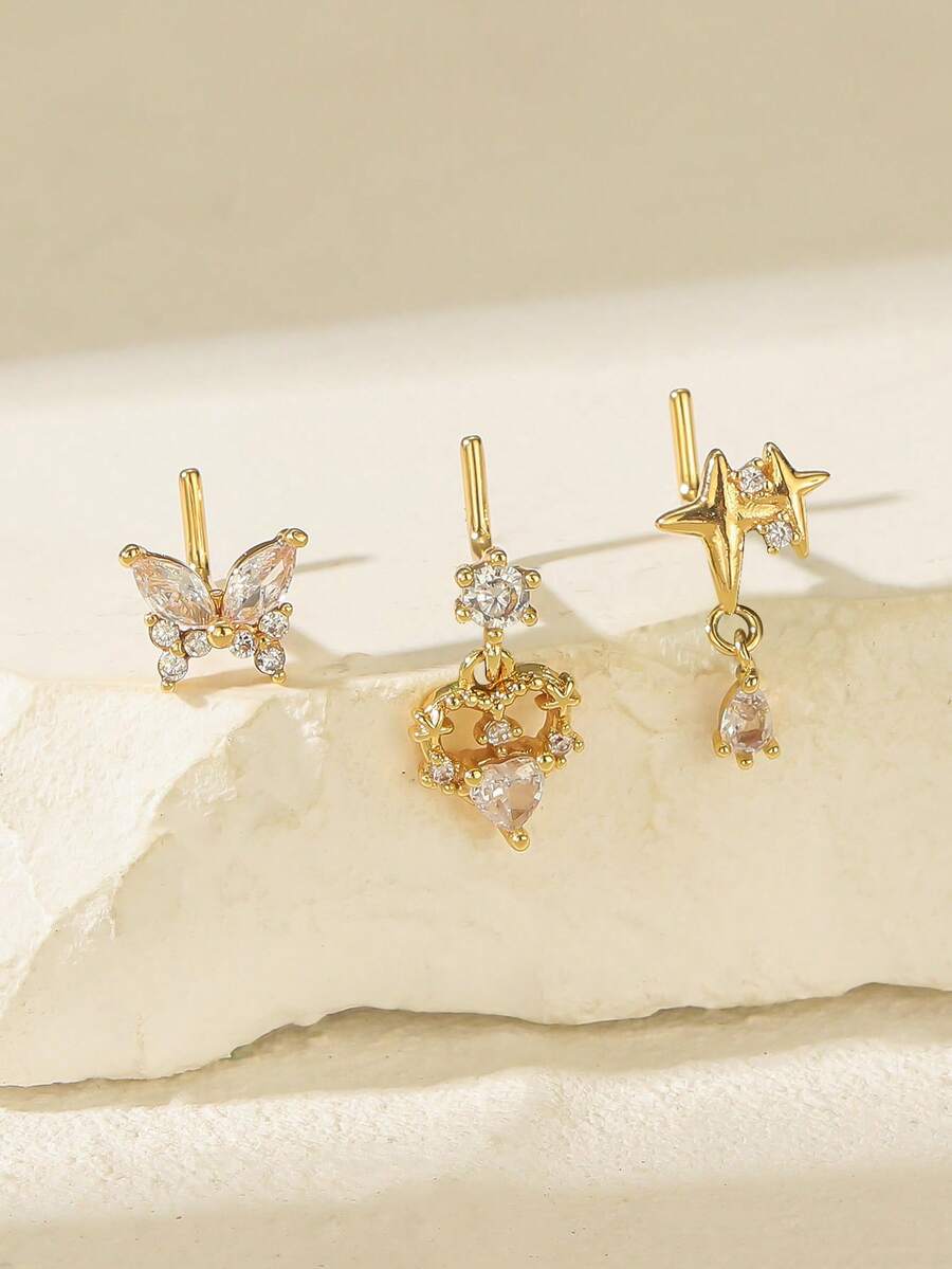 3件套奢华水钻心形蝴蝶结7字形316不锈钢鼻环/鼻钉，适合女性日常佩戴，生日/圣诞节/情人节礼物 - 金黃色 - 查看 1
