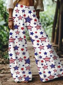 Women's Boho Chic Woven Wide Leg Pants With Pockets, Long Length Red White & Blue Star Print For 250th Anniversary Of Independence Day - 多色5 - 查看 2