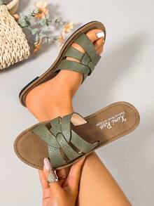 Ximi Ruo Korean Style Casual Flat Slippers For Women, Open Toe, Woven Roman Sandals, Suitable For Spring, Summer, Beach, Vacation, Pair With Dresses, Brown - Green - View 3