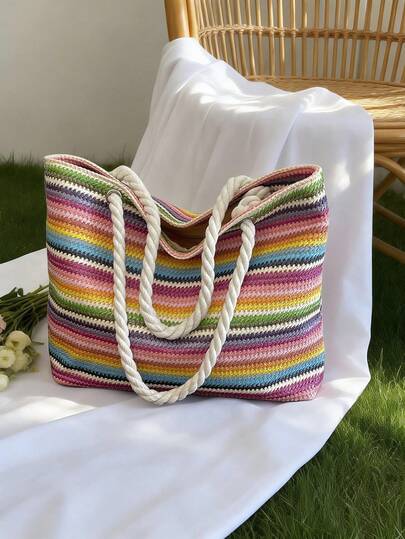 New Straw Woven Rainbow Striped Large Capacity Tote Bag, Casual Vacation Beach Bag, Travel Rope Hawaii Style Handbag For Women