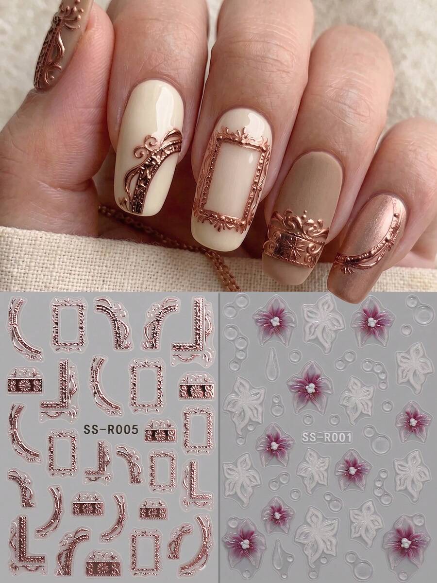 QIANJIKU 2片装5D立体浮雕复古宫廷风美甲贴纸 - 玫瑰金边框搭配紫色3D立体花卉美甲贴花，适合婚礼、派对、日常奢华DIY美甲装饰