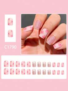 24pcs Short European Square False Nails, Pink Flower Glitter Pure Sweet Ins Short Glossy False Nails, Wearable Nails, Detachable Full Coverage Nails, Suitable For Parties, Dances, And Daily Wear - Pink - View 2