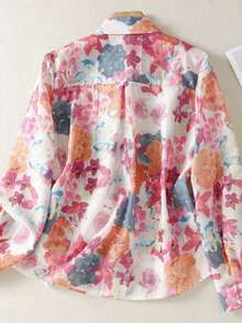 Camisa de mujer con estampado floral de manga larga con cuello y botones delanteros - Ropa para vacaciones románticas, adecuada para primavera, verano, otoño e invierno - Naranja - Ver 2
