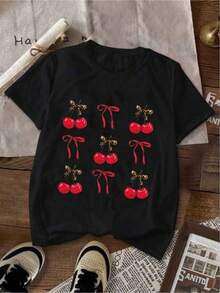 YOCASA Women's Casual Summer T-Shirt, Round Neck, Fitted, Short Sleeve, With Oil Painting Print, Floral, Heart, Cherry, And Letter Patterns. Simple Casual Fabric, Sporty Style, Ideal For Everyday Wear And Valentine's Day Dates. 1 Piece, 180g Pure Heavy, 95% Polyester 5% Spandex. - 黑色 - 查看 2
