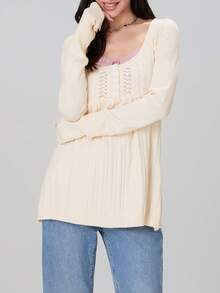 Blusa tipo túnica con cuello cuadrado y botones de manga larga de color liso para mujer, otoño - Blanco - Ver 2