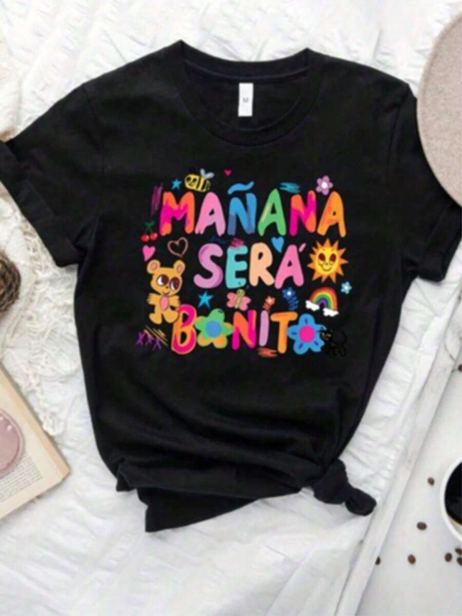 Camiseta de mujer de manga corta casual de verano con letras para mujeres MRRP - Negro - Ver 1