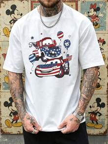 Men's Disney Cars Lightning McQueen & Mater Patriotic 4th Of July Graphic Crew Neck T-Shirt, Casual Short Sleeve Tee, USA Flag Print, Loose Fit Daily Wear Basic Top For Men - trắng - Xem 1