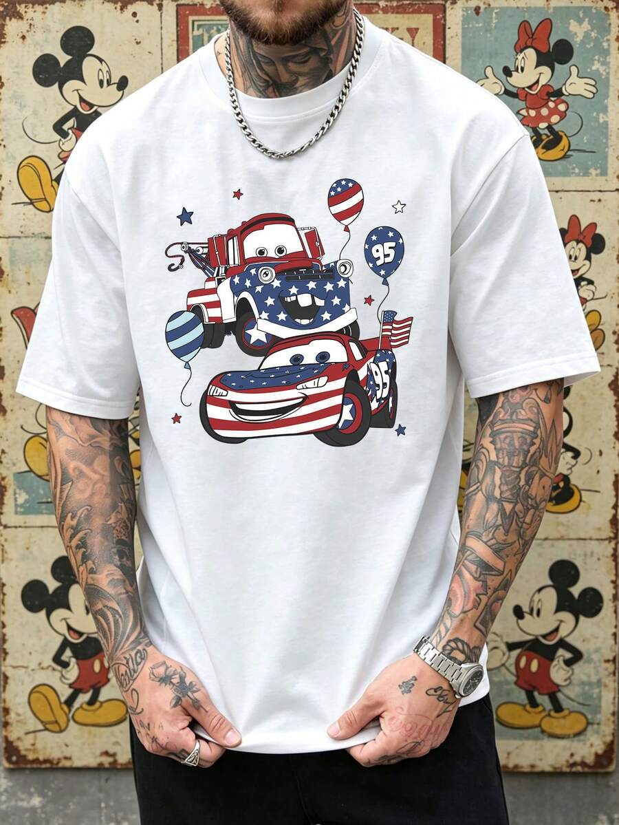 Men's Disney Cars Lightning McQueen & Mater Patriotic 4th Of July Graphic Crew Neck T-Shirt, Casual Short Sleeve Tee, USA Flag Print, Loose Fit Daily Wear Basic Top For Men - trắng - Xem 1