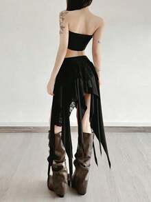 Women's Colorblock Lace Patchwork Asymmetric Hem Skirt, Suitable For Carnival, Concerts, Beach, Vacation - 黑色 - 查看 3