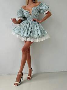 Women's Blue Ditsy Floral Sexy Cute Romantic Countryside Sweet Off-Shoulder Contrast Color Lace Patchwork Tie Waist Mini Dress, Suitable For Daily Outing, Dating, Vacation, Street Photography And Various Occasions, Spring/Summer Elegant - Baby Blue - View 4