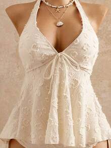 2026 Bellisia Vestido elegante de mujer con estampado de lunares, tela texturizada, camisola relajada para vacaciones, bikini amarillo tipo tankini para playa.Conjunto de playa de mujer para verano 2026, temporada de graduación, boda, regreso a clases, Pascua.Camisola de verano casual y linda, con textura de punto, detalles de volantes, en estilo dulce, romántico y campestre. - Blanco - Ver 4
