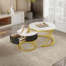 Elegant Modular Coffee Table: Marble Look, Gold Decor, Side Table With Drawers – Set Of 2 - 白色 - 查看 6