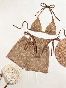 Bikinx Bộ 3 món bikini và quần short dây rút kiểu Boho dành cho nữ, thích hợp cho kỳ nghỉ hè, đi biển. - màu nâu - Xem 9
