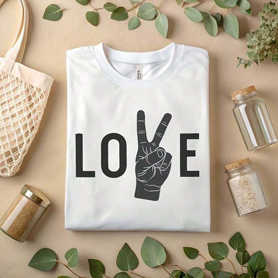 Love Peace Sign Shirt – Minimalist Hand Gesture Graphic Tee A413 - Black - View 1