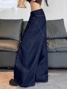 1件日系街頭風女款拼接鈕扣彎腿寬鬆闊腿牛仔長褲，四季皆宜休閒款 - 藍色 - 查看 5