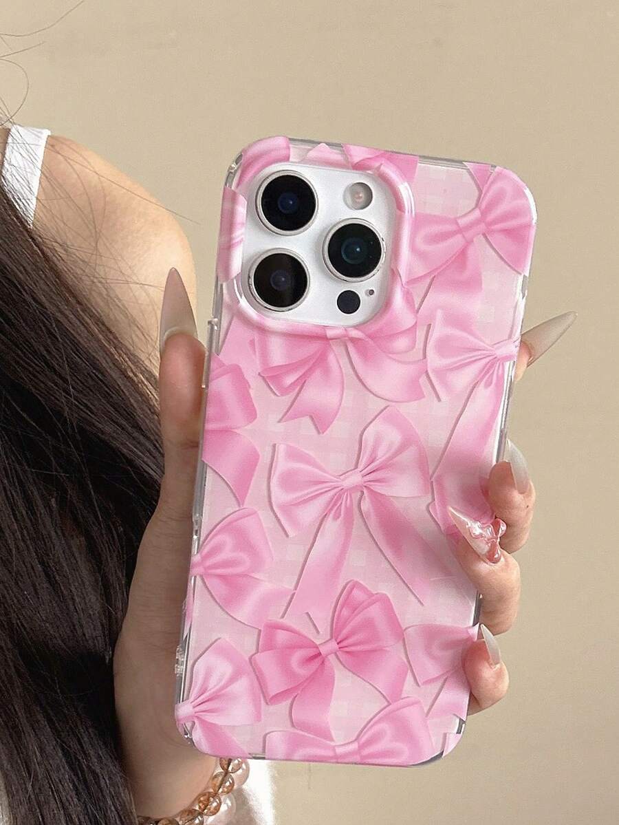 1 Pc, Ins Pink Bowknot Girl Grid Iphonefollowing Iphone17 / Iphone17promax/Iphone16Promax/Iphone15pro/Iphone14 Iphone13/12/11fit As A Family/Friend/Sister/Girlfriend's Valentine'sday Gift/Birthday Gift/Mother's Day Gift. - Pink - View 1