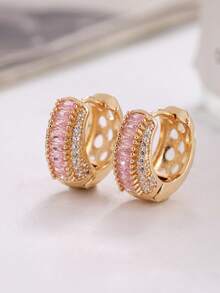 2 pièces Boucles d'oreilles géométriques en forme de U avec incrustation de zircone cubique en cuivre, convenant aux femmes, douces et lumineuses, adaptées pour les rendez-vous, un cadeau idéal pour la Saint-Valentin pour la petite amie, un accessoire de design unique et de niche, également un excellent cadeau pour les meilleures amies - Géométrique - Voir 6