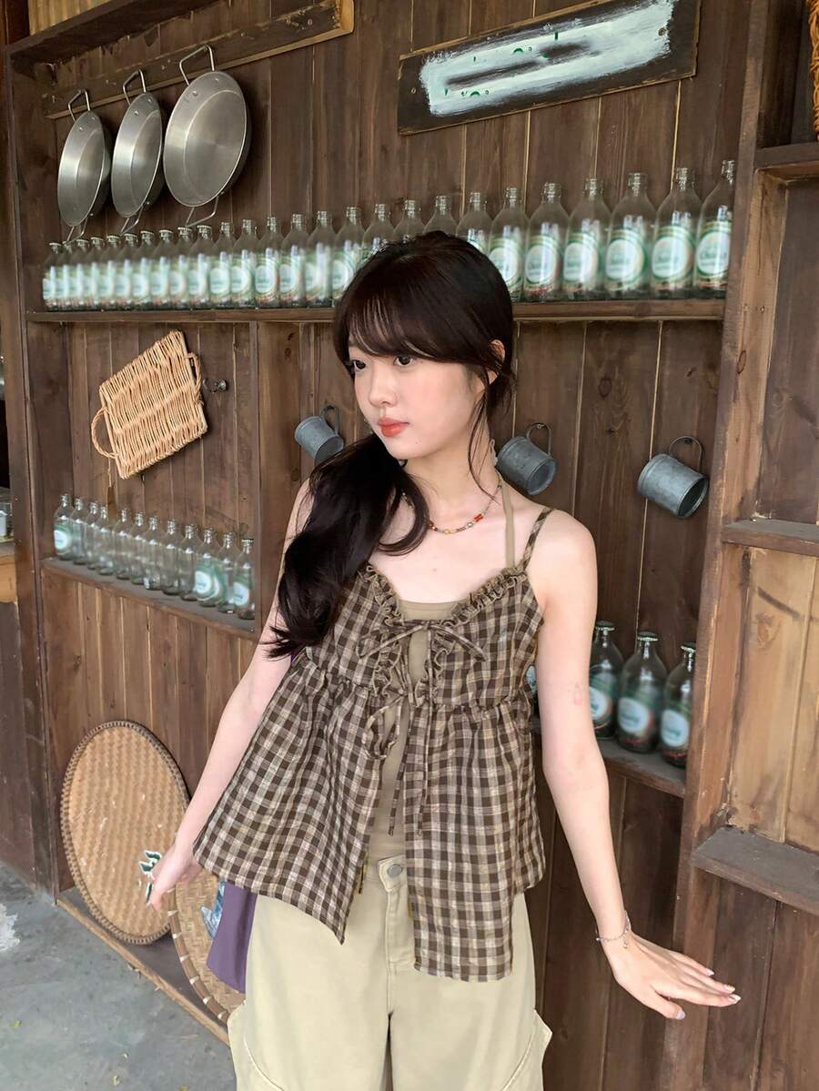 Set 2pcs Gaya Korea: Atasan Tank Top Motif Kotak-kotak dengan Pita dan Tali Bahu, Koleksi Terbaru Musim Semi dan Musim Panas yang Elegan - Warna gambar - View 1