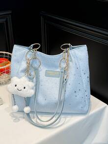 Fashion Star Handbag - Women's Large Capacity Shoulder Bag - Zipper Tote Bag For Daily Use, Metal Chain Strap Tote Bag, Waterproof Nylon Material Colorful Butterfly Pattern, Back To School Student Backpack - Baby Blue - View 7