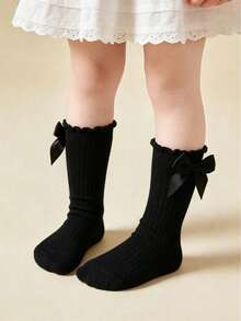1 Pair Cotton Girls/Toddlers Bow Solid Color Knee High Socks, School Style - Black - View 4