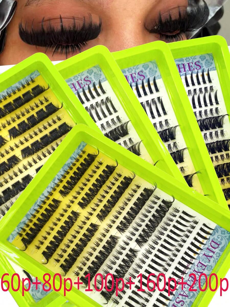 14排DIY假睫毛簇，370簇，60D混合装，蓬松单根假睫毛，含2根下睫毛，化妆 - D+ - 查看 1