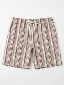Men's Summer Casual Drawstring Striped Beach Shorts - Khaki - View 2