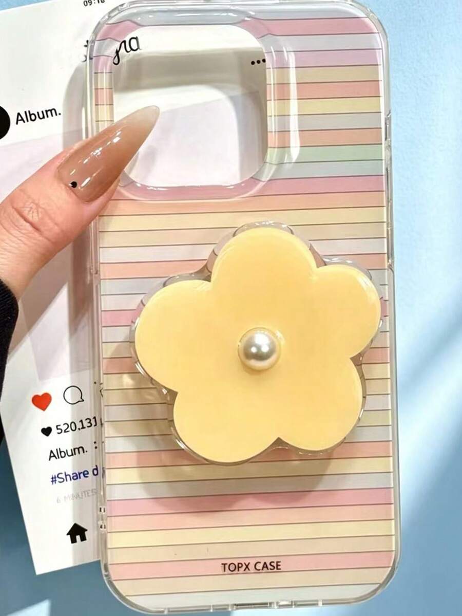 1 pieza Funda de teléfono suave con rayas de colores + Soporte de flor amarilla, compatible con las series Apple 11/12/13/14/15/16/17 Pro Max, funda de teléfono de verano fresca y linda, adecuada como regalo de vacaciones para amigos y familiares - rayas multicolores - Ver 1
