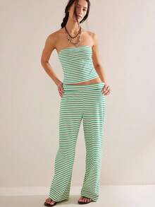 2pcs/Set Women Striped Print Short Top And Wide Leg Pants Set, Street Fashion Casual Outfit, Daily Wear For Summer, Girls Loungewear Sports - Green - View 5